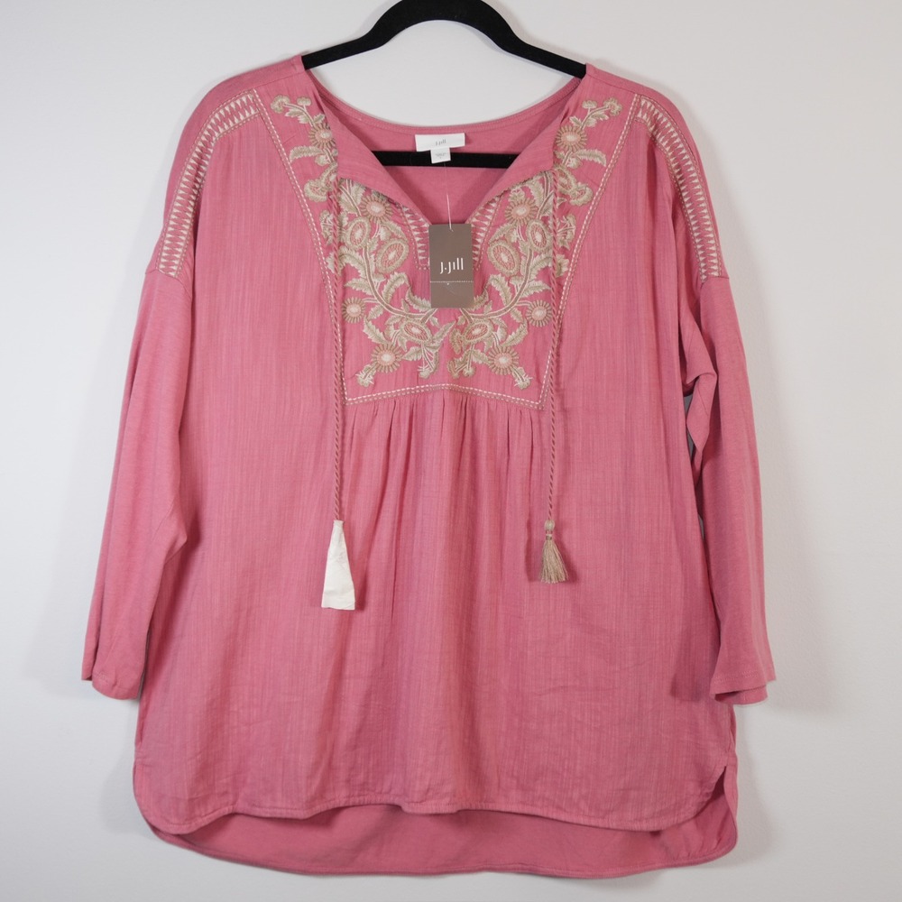 NWT J.Jill Embroidered Boho Tunic Top Pink Floral Tassel 3/4 Sleeve Blouse L